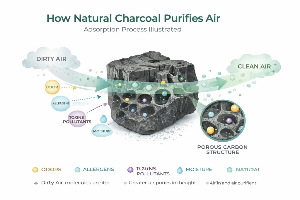 Charcoal air purification adsorption process illustration